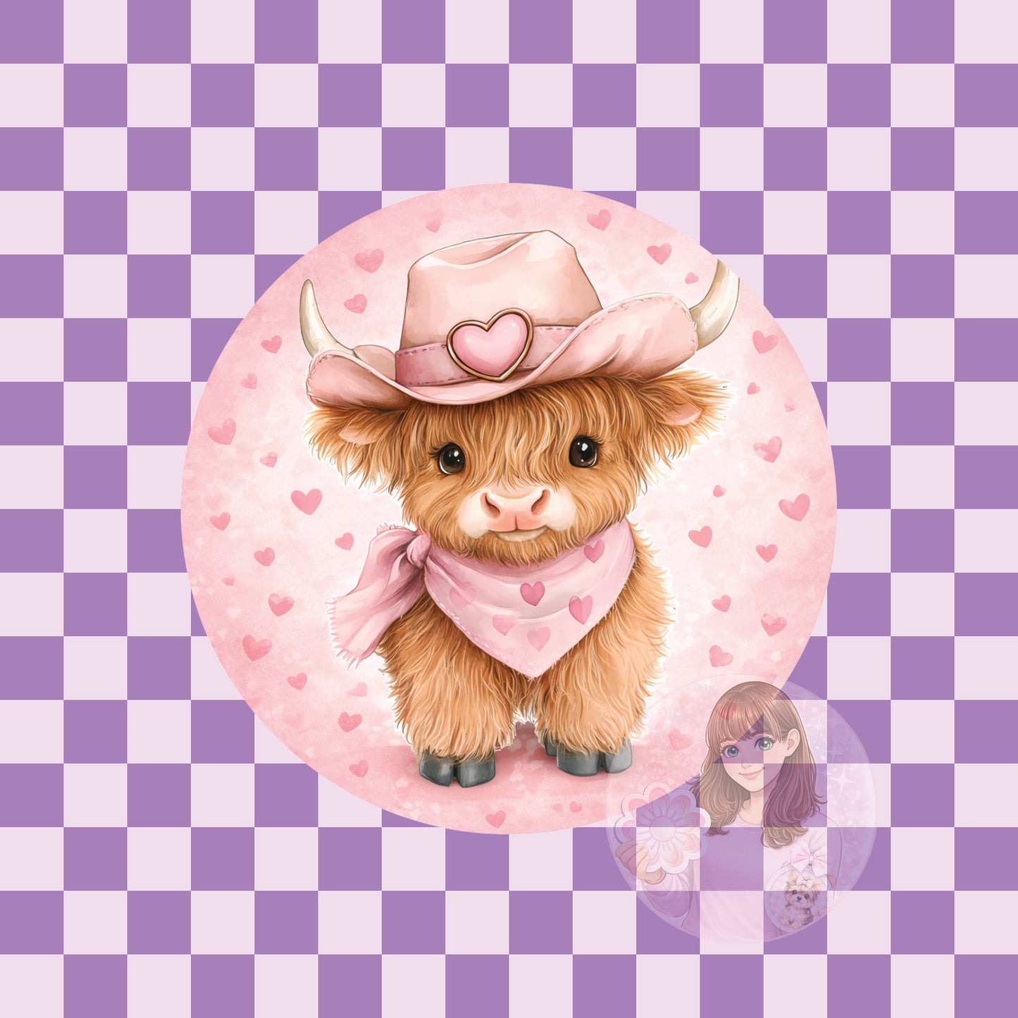 Highland cow pink cowgirl - round