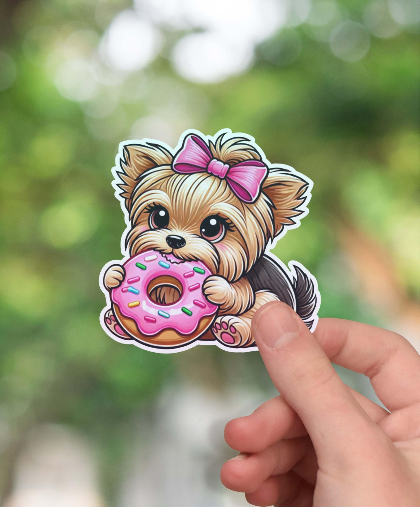 Yorkie eating a pink donut sticker