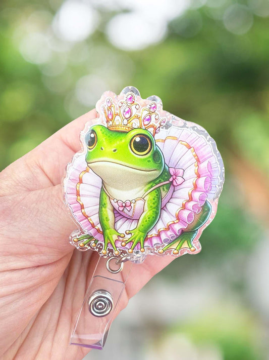 Frog with princess crown retractable badge reel