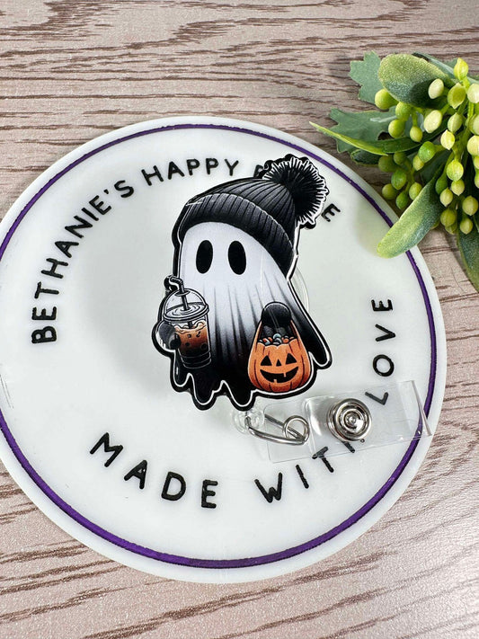 Halloween ghost with beanie retractable badge reel