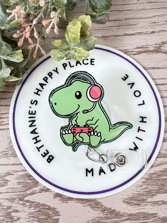 Video game dino retractable badge reel
