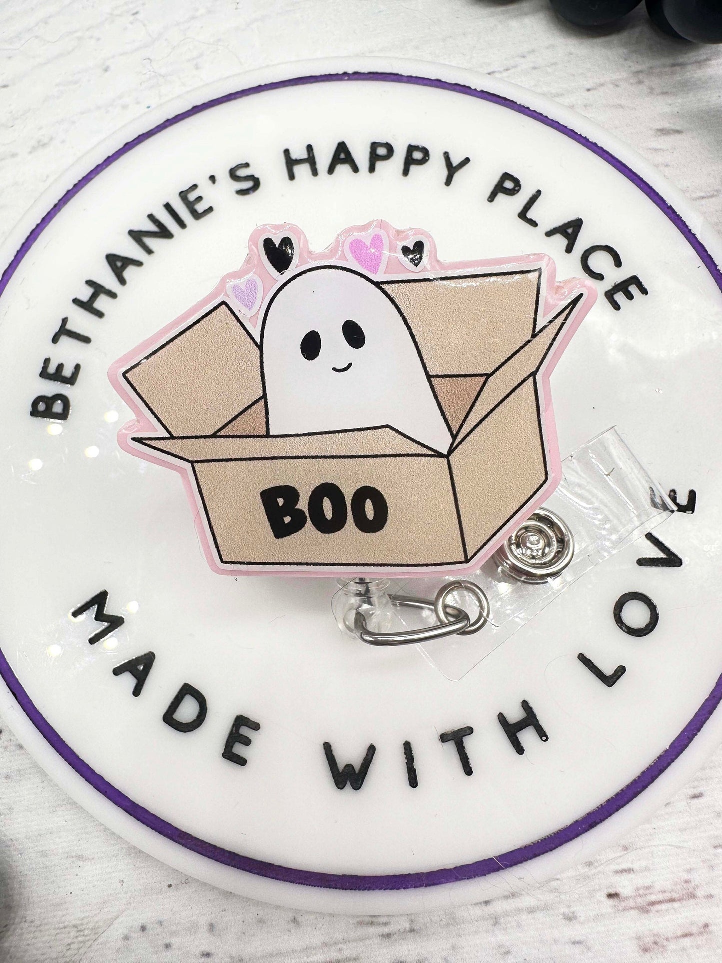Halloween boo ghost in a box badge reel