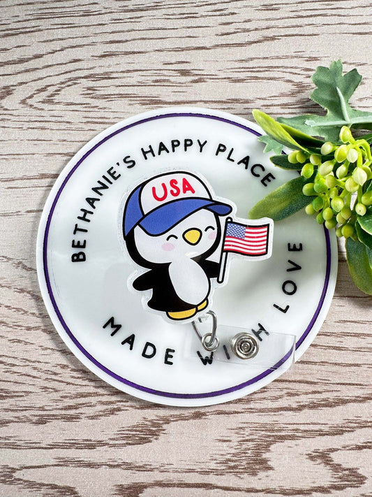 Patriotic penguin retractable badge reel