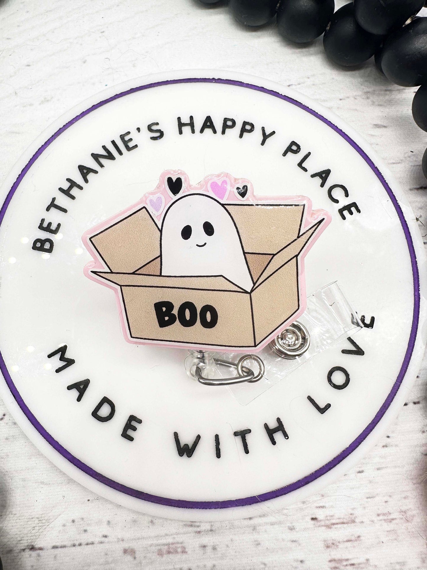 Halloween boo ghost in a box badge reel