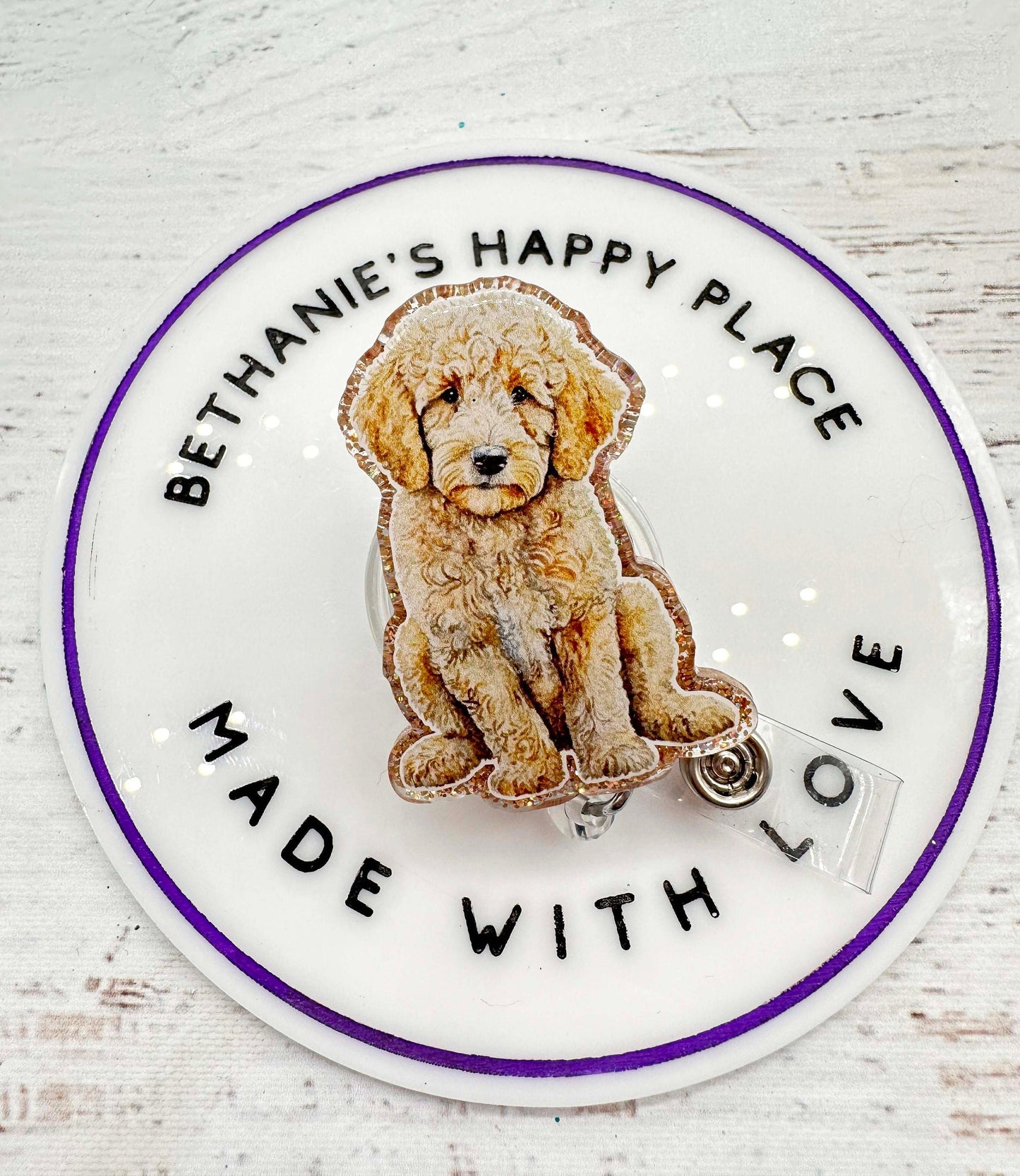 Goldendoodle puppy badge reel