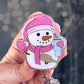 Snowman holding tumbler retractable badge reel