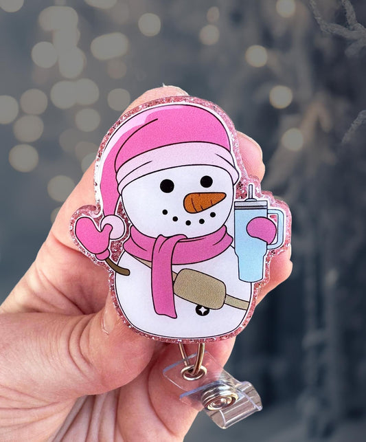 Snowman holding tumbler retractable badge reel