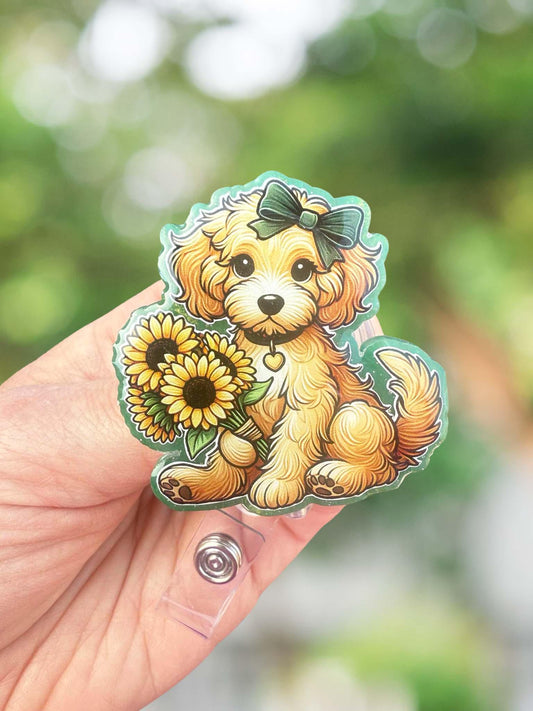 Sunflower Goldendoodle retractable badge reel