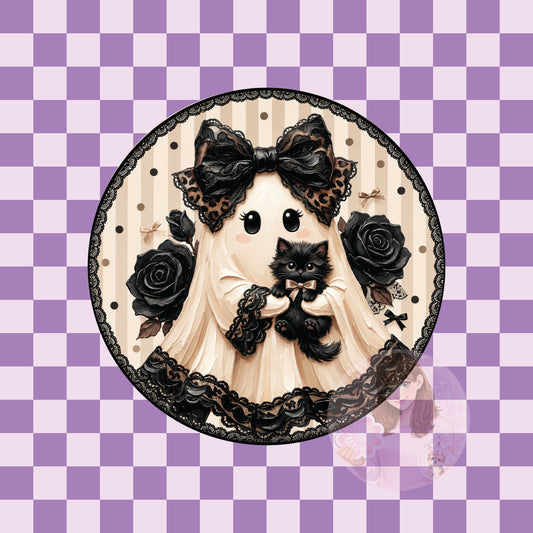 Black lace ghost with cat - round