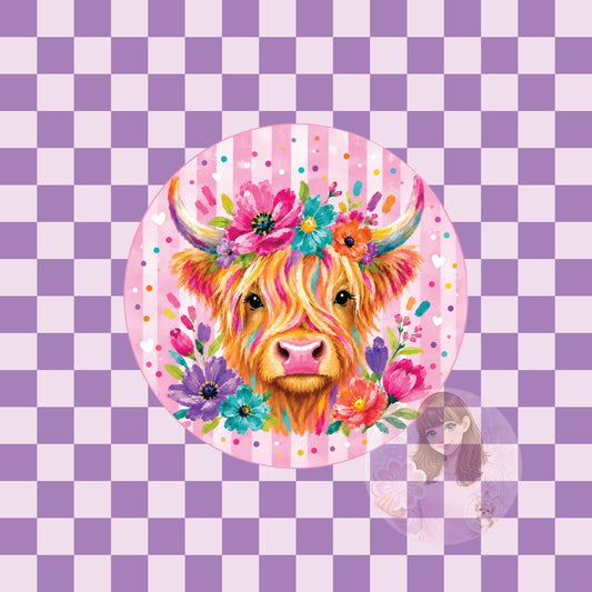 Floral highland cow - round