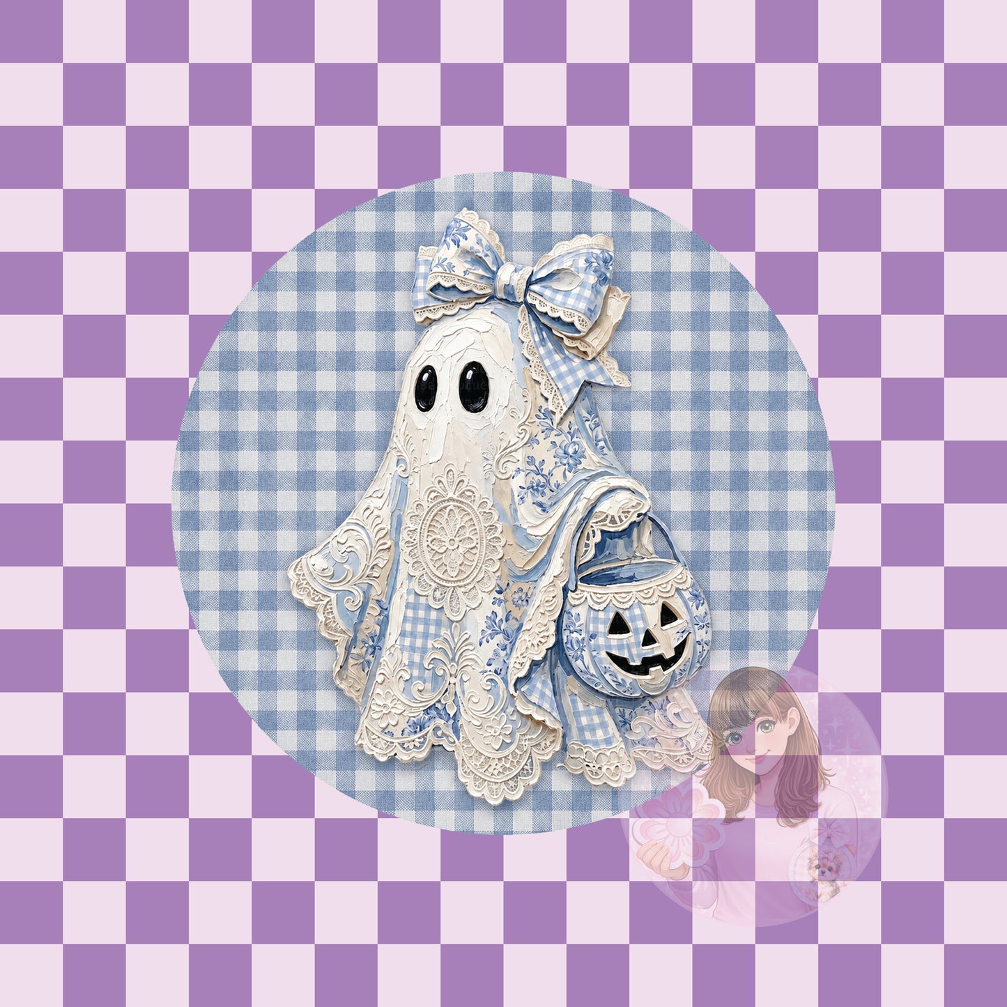 Blue gingham ghost - round