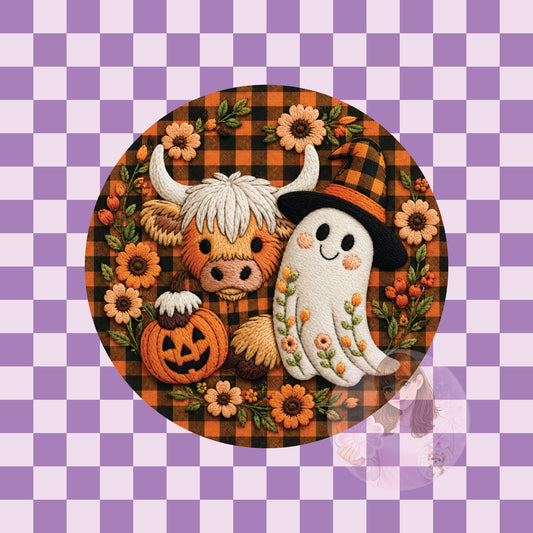 Faux embroidery cow and ghost - round