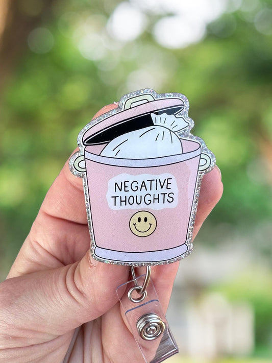 Negative thoughts trash bin mental health retractable badge reel