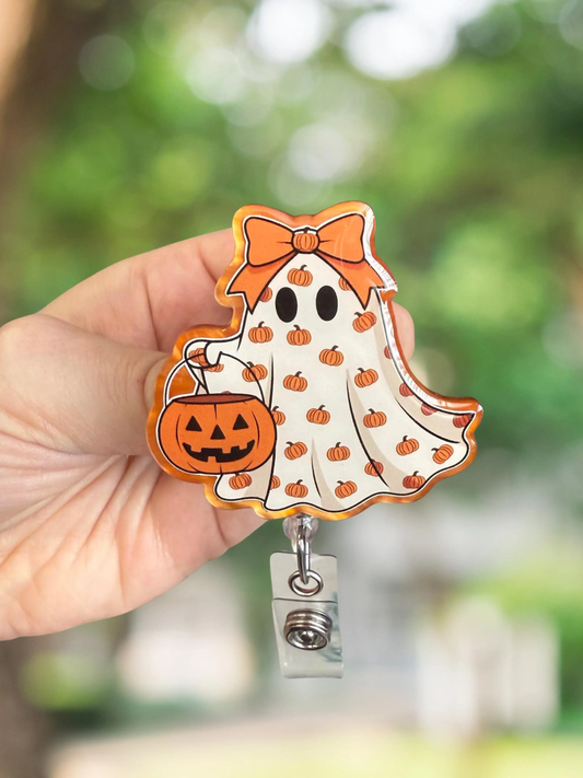Ghost with Pumpkins Retractable Badge Reel