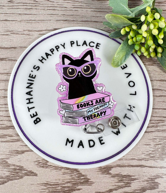 Cat with books retractable badge reel, books are my therapy, black cat badge holder, book gifts, cat gifts, teacher ID holder, teacher gifts