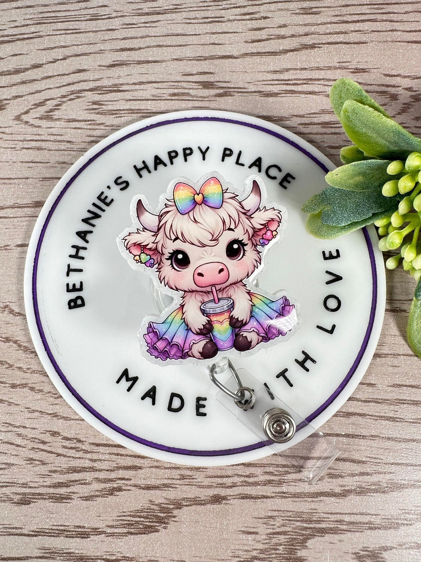 Rainbow tutu cow retractable badge reel
