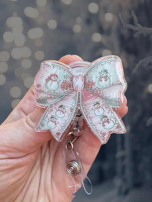 Snowman bow retractable badge reel