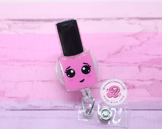 Pink nail polish badge reel
