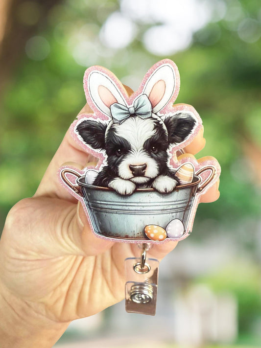 Easter black and white cow retractable badge reel
