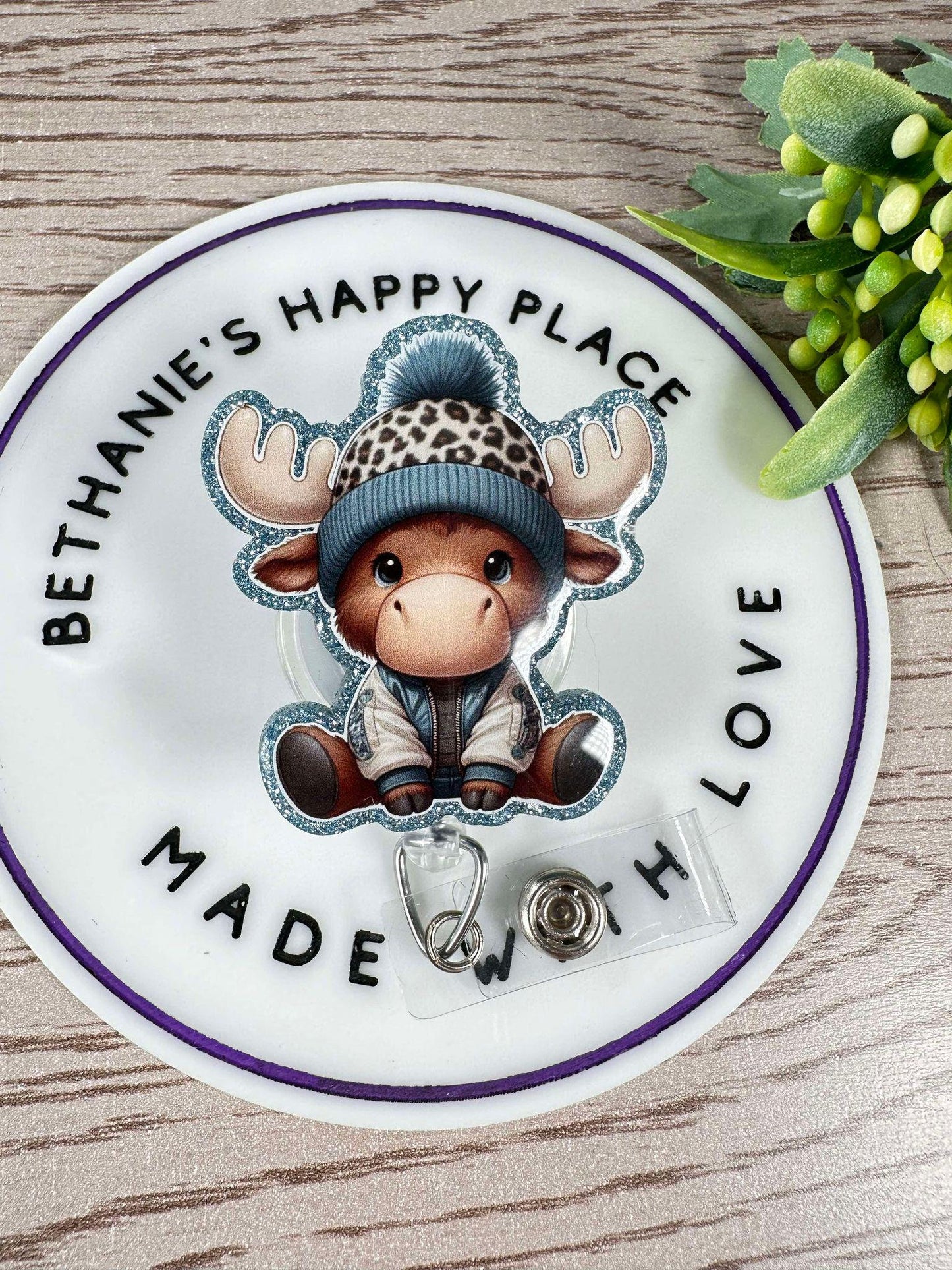 Winter moose retractable badge reel