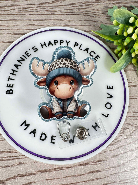Winter moose retractable badge reel