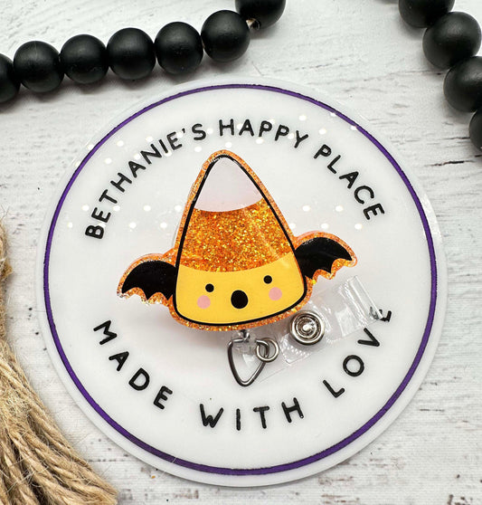 Halloween candy corn bat badge reel