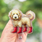 Goldendoodle in rainboots badge reel