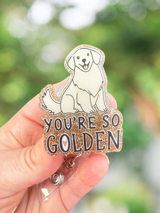 So golden retractable badge reel