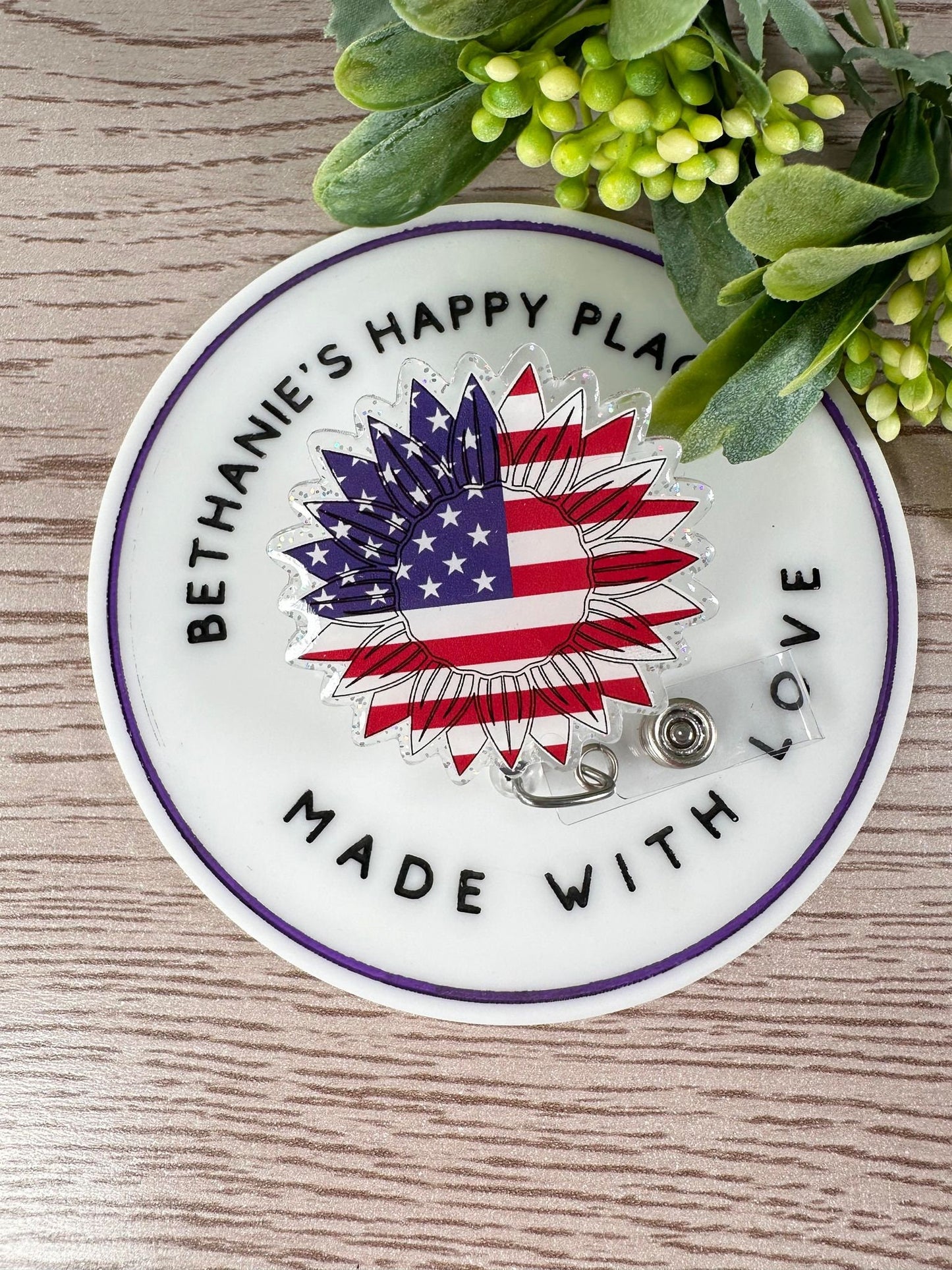 Patriotic sunflower retractable badge reel