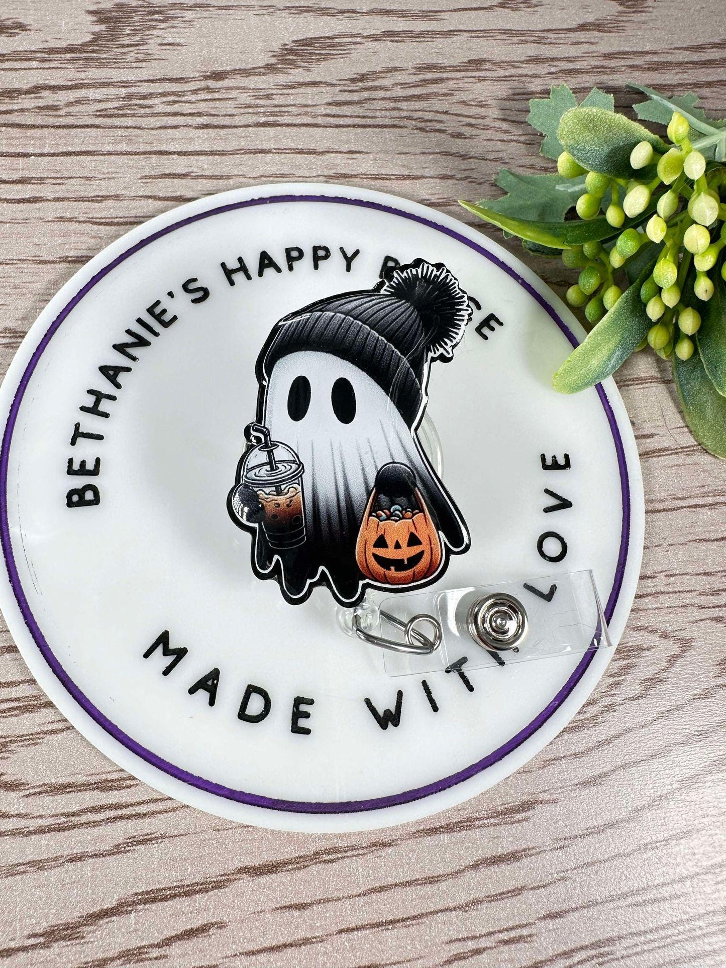 Halloween ghost with beanie retractable badge reel