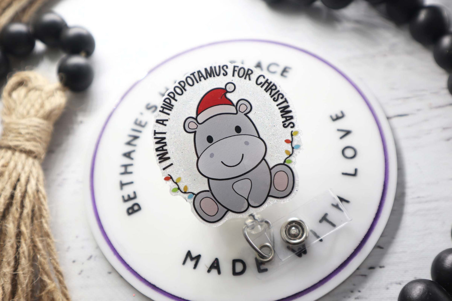 Christmas hippo badge reel