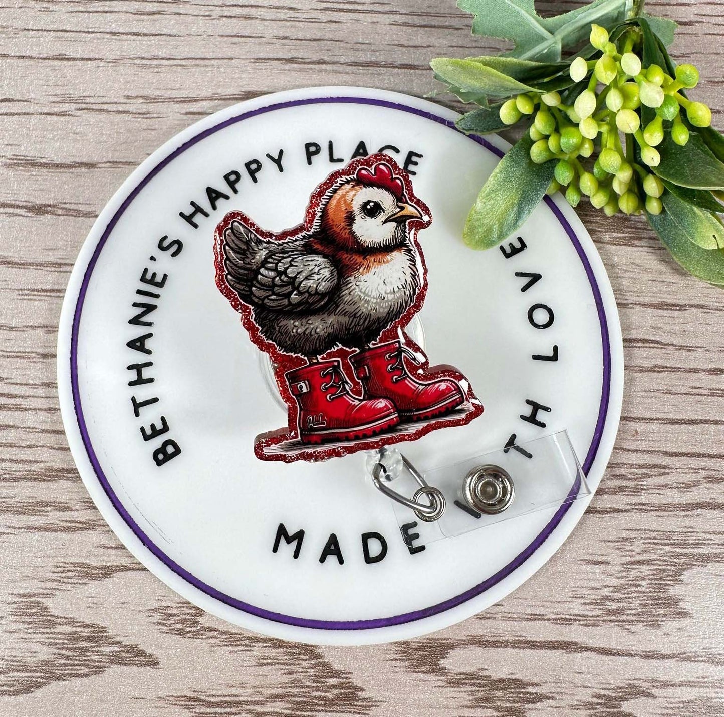 Chicken with boots retractable badge reel