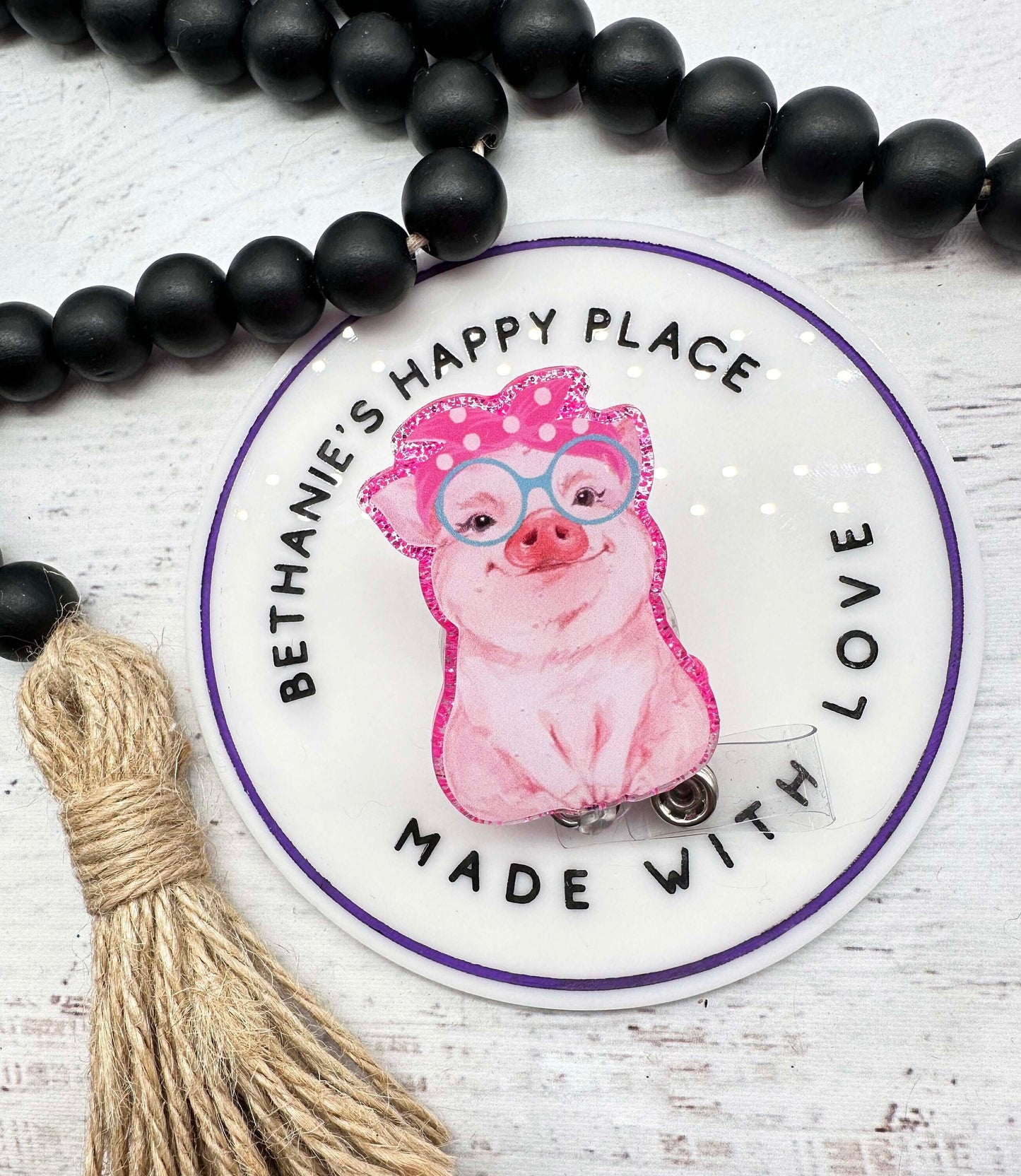 Pig with glasses badge reel