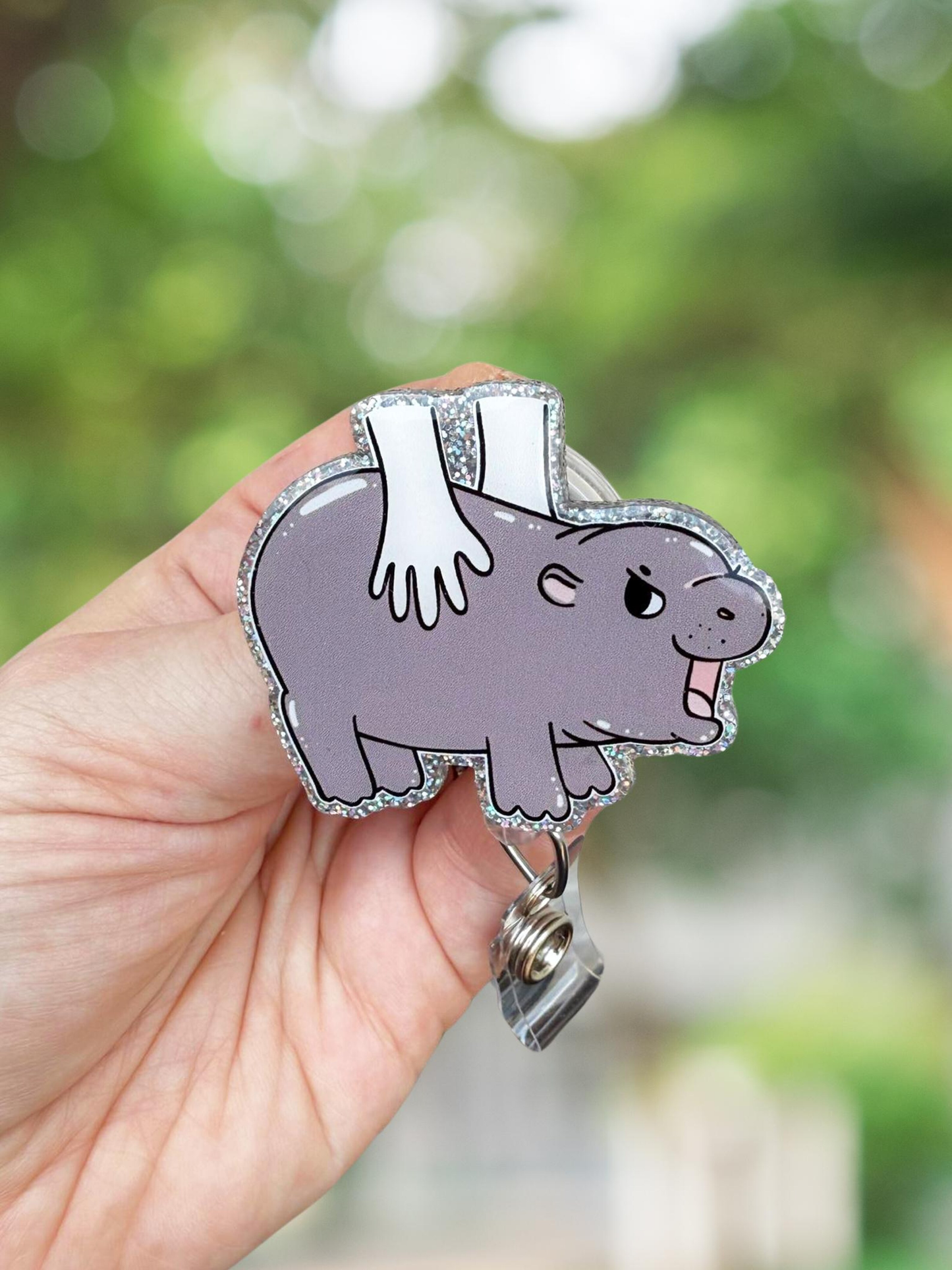 Silly hippo retractable badge reel
