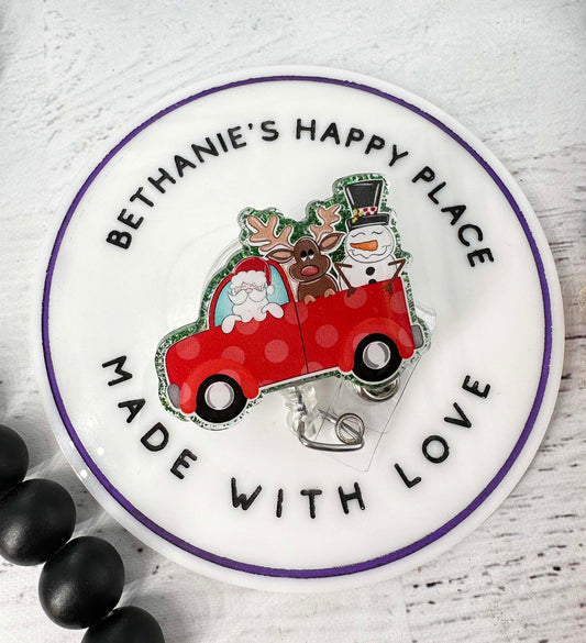 Christmas red truck badge reel