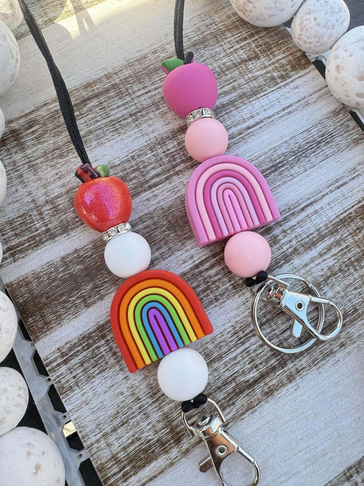 Rainbow apple teacher beaded lanyard