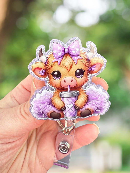 Purple tutu cow retractable badge reel