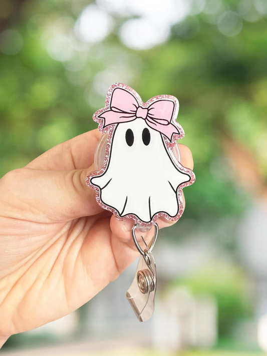Ghost with Pink Bow Retractable Badge Reel