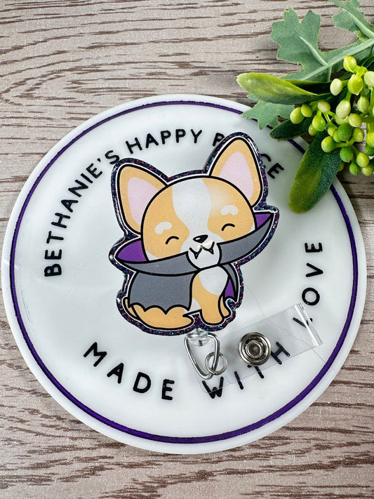 Halloween dracula Corgi retractable badge reel