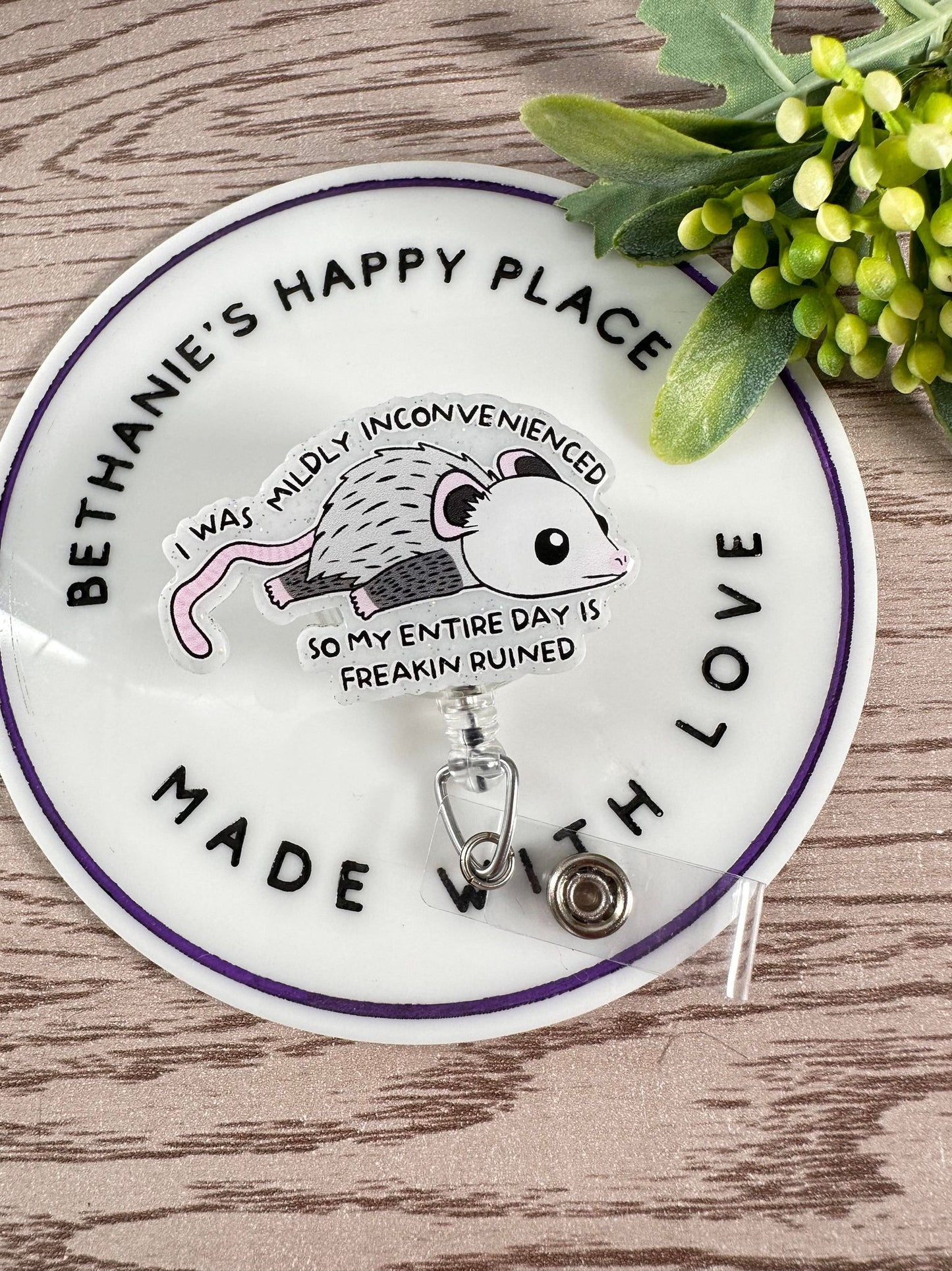 Funny opossum badge reel, I was mildly inconvenienced today, opossum gifts, badge clip for nurse, teacher, medical ID holder, funny gifts