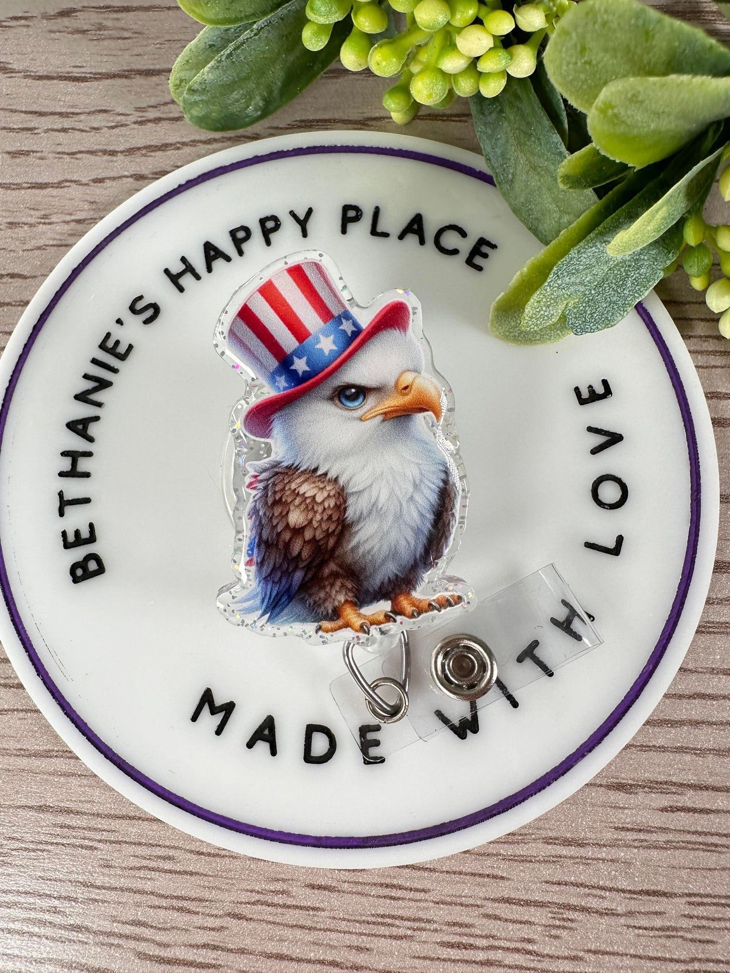 Patriotic eagle retractable badge reel, eagle gifts, patriotic nurse ID holder, 4th of July badge holder, key card holder, acrylic topper