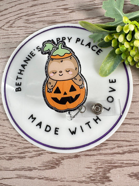 Halloween pumpkin sloth retractable badge reel, Halloween ID holder, nurse ID holder, holiday badge topper, sloth gifts, lanyard