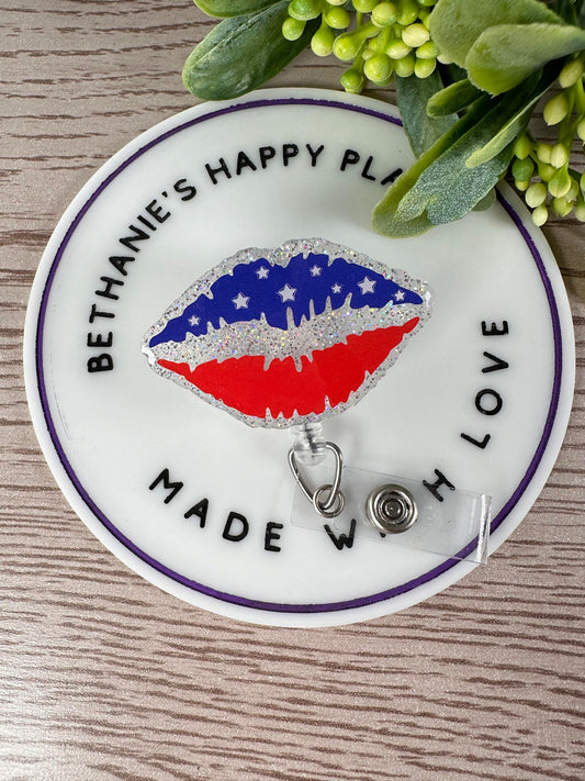 4th of July lips badge reel, patriotic badge holder, nurse ID holder, patriotic gift for nurse or teacher, medical key card holder