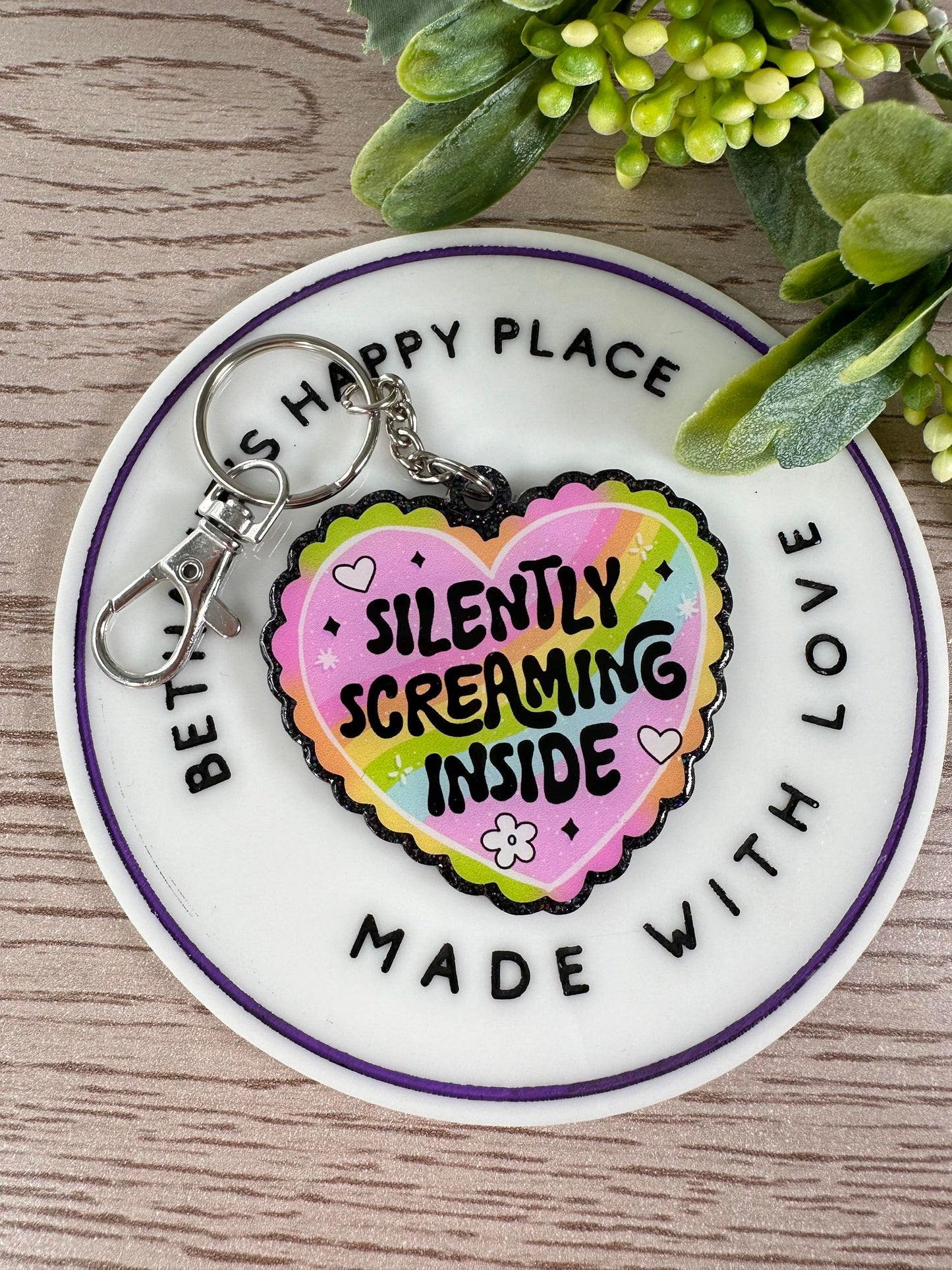 Silently screaming inside keychain, mental health keychain, funny mental health keychain, gifts for her, rainbow heart keychain