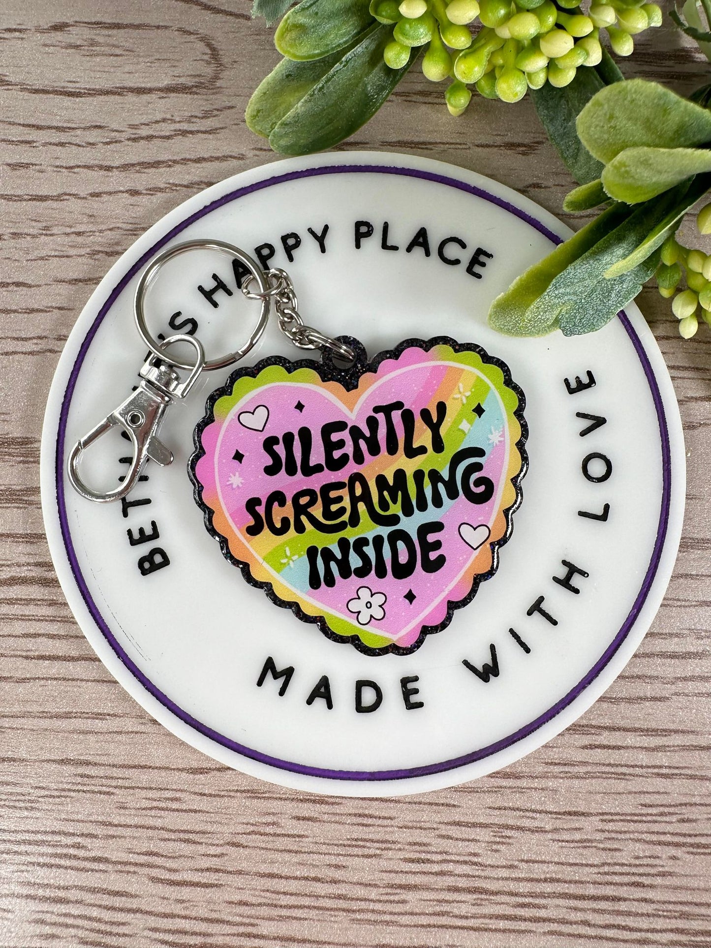 Silently screaming inside keychain, mental health keychain, funny mental health keychain, gifts for her, rainbow heart keychain