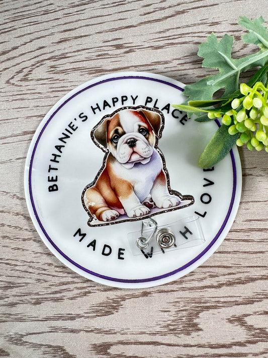 Bulldog retractable badge reel, bulldog acrylic ID holder, bulldog gifts, dog badge clip, vet, nurse key card holder, easy to clean