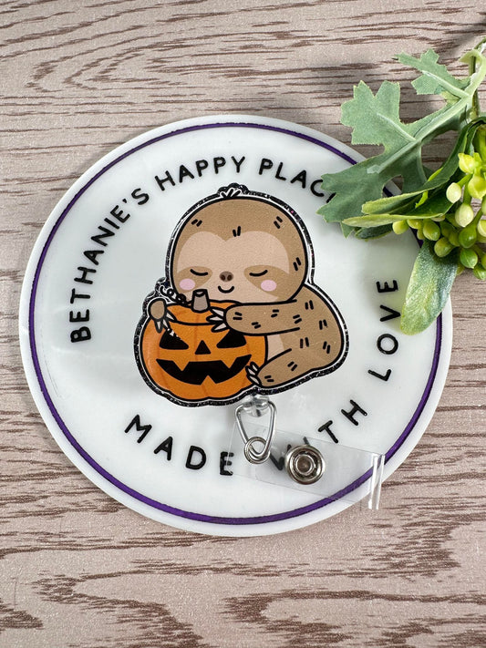 Sloth pumpkin retractable badge reel, Halloween sloth badge holder, sloth gifts, medical ID holder, teacher badge reel, acrylic badge topper