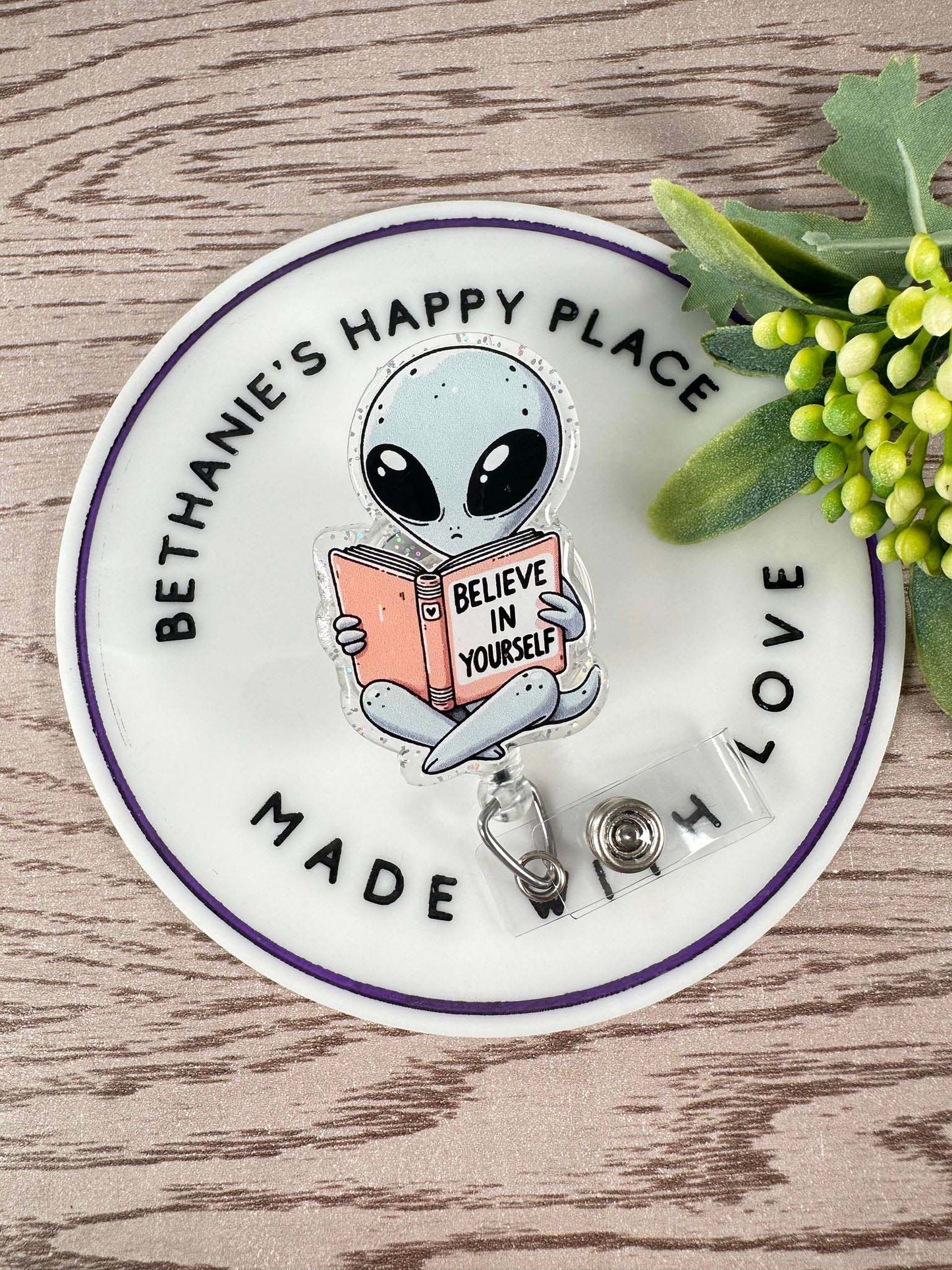 Alien retractable badge reel, believe in yourself badge clip, alien gifts, teacher ID holder, medical key card holder, acrylic badge topper