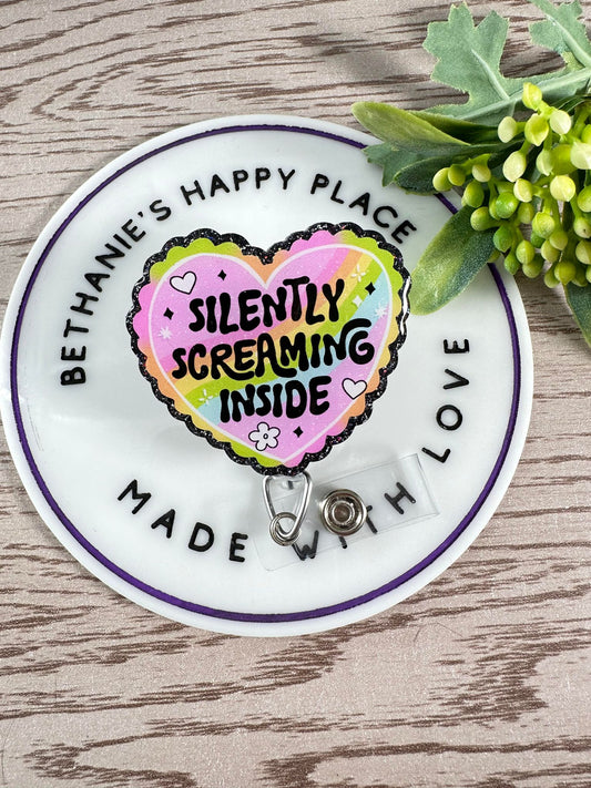 Silently screaming inside retractable badge reel, funny mental health badge holder, mental health gifts, nurse ID holder, badge clip funny