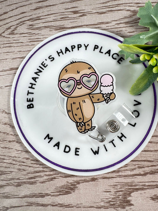 Summer sloth retractable badge reel, sloth with ice cream, sloth gifts, cute ID holder, pediatrics badge holder, nurse ID holder